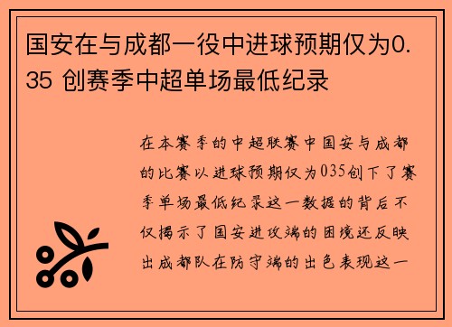 国安在与成都一役中进球预期仅为0.35 创赛季中超单场最低纪录