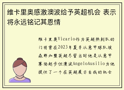 维卡里奥感激澳波给予英超机会 表示将永远铭记其恩情