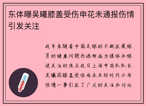 东体曝吴曦膝盖受伤申花未通报伤情引发关注