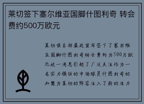 莱切签下塞尔维亚国脚什图利奇 转会费约500万欧元