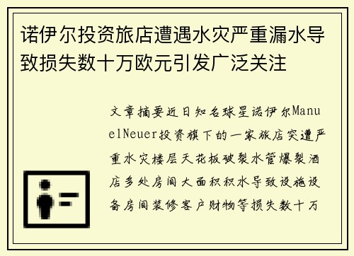 诺伊尔投资旅店遭遇水灾严重漏水导致损失数十万欧元引发广泛关注